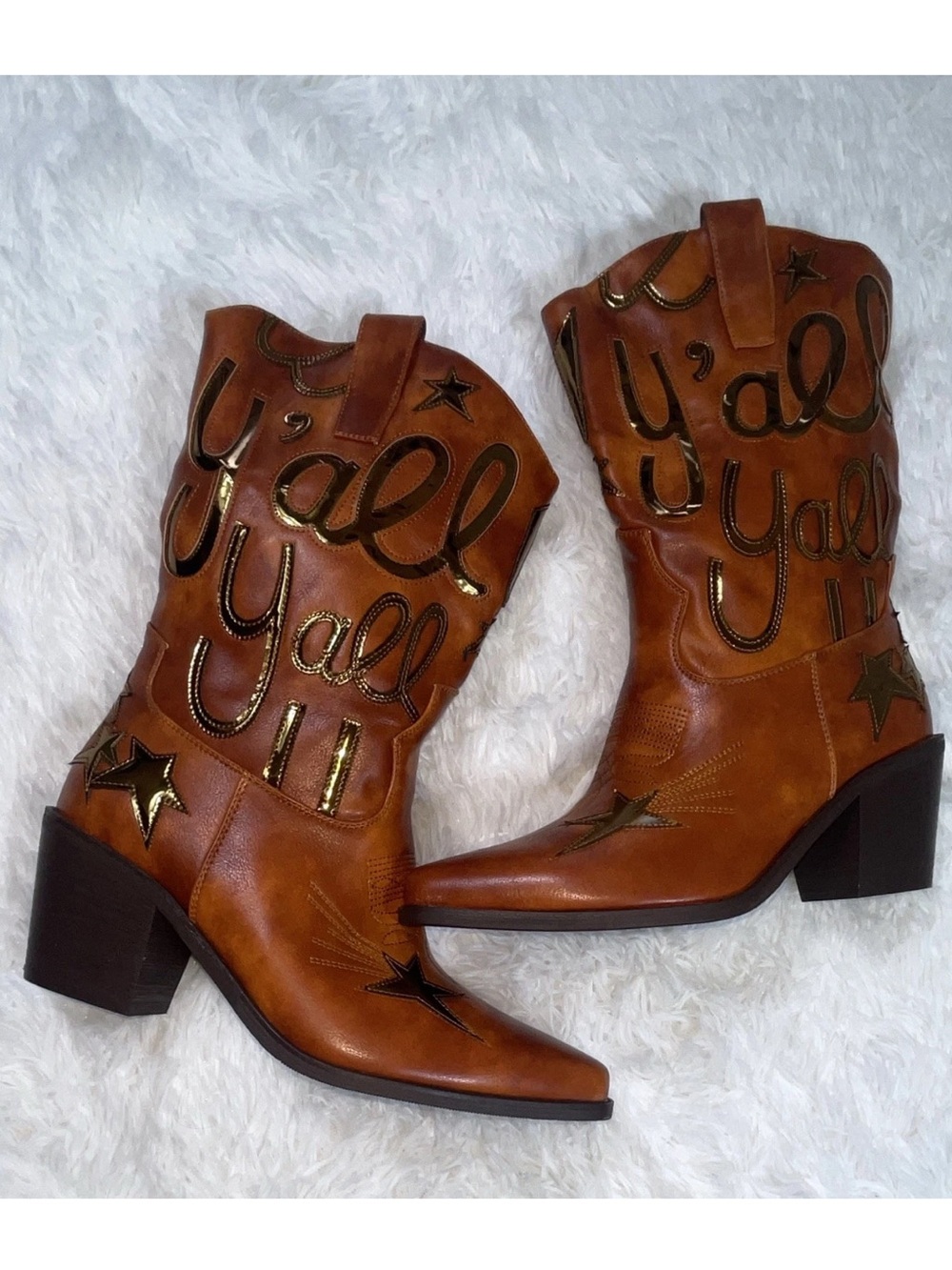 Western-Inspired Brown Heeled Cowboy Boots with 'Y'all' Embroidery size 9